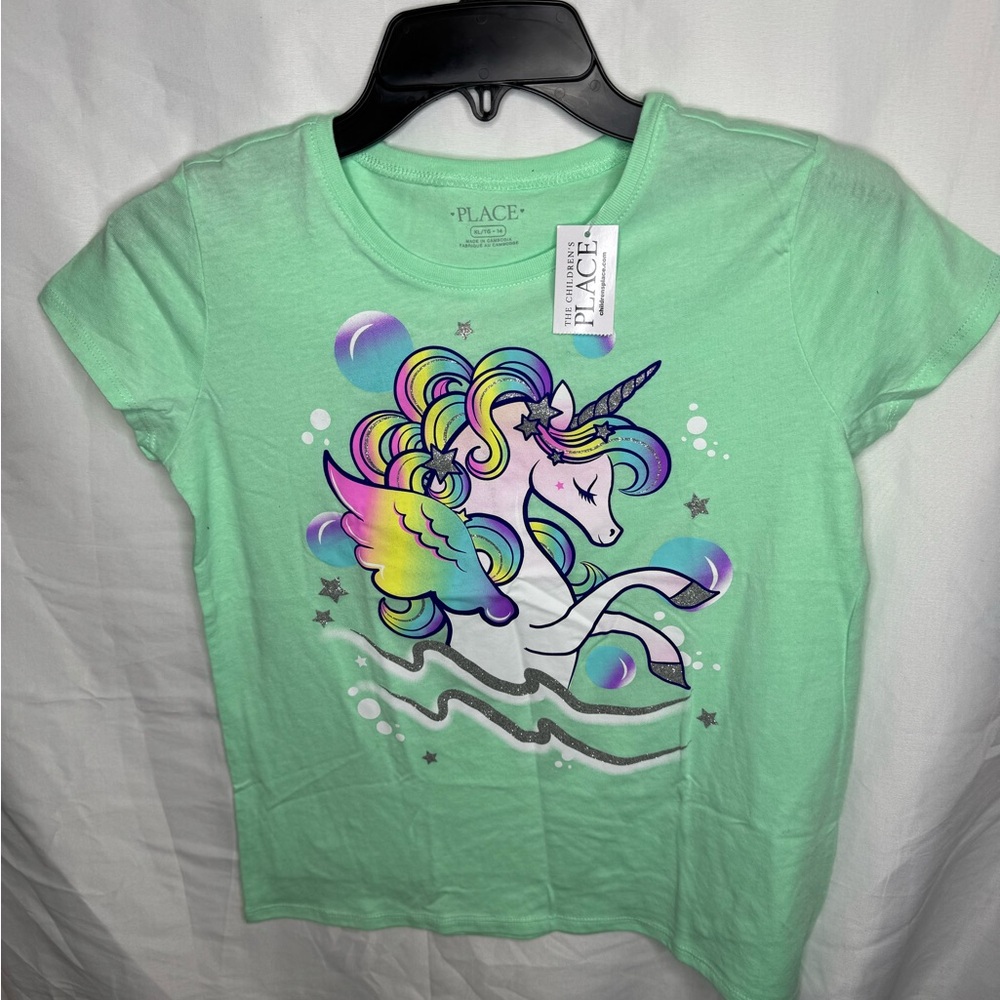 The Children's Place Green Short Sleeve Tee with Unicorn Design